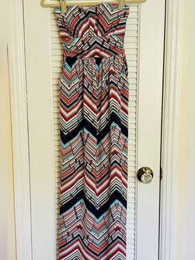 Chevron Print Maxi Skirt in Coral, Navy & Mint